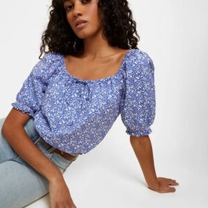 Nation Ltd. Smocked Blue Floral Rowena Peasant Blouse, Size S, Cottage Romantic